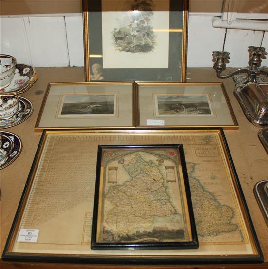 2 framed maps & 3 hunting dog prints